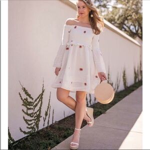 EMBROIDERED OFF THE SHOULDER FREE PEOPLE DRESS FLORAL Boho Pockets Vacation